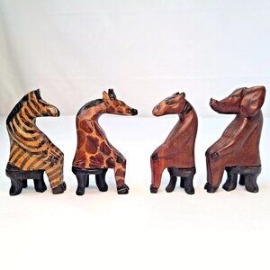 Hand Carved African Safari Animals Wood Wooden Sitting Figures Figurines Set Vtg